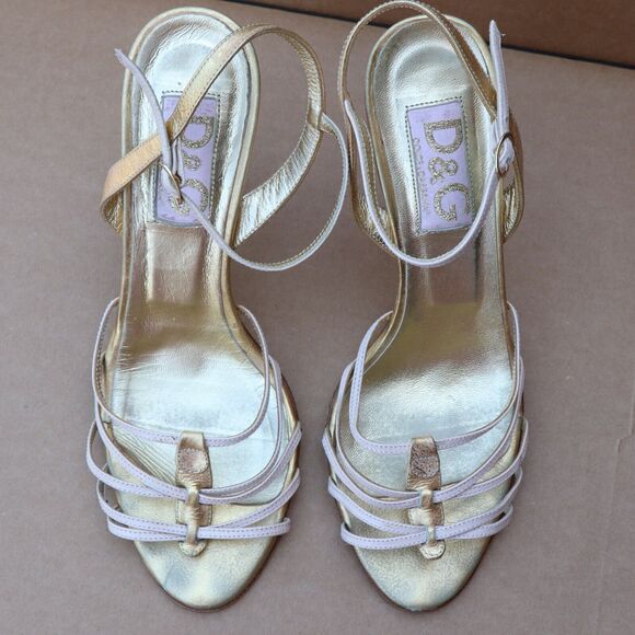 Dolce Gabbana Ankle Strap Heel Sandals Women's Size 6.5 Metallic Gold/Cream - Picture 2 of 10